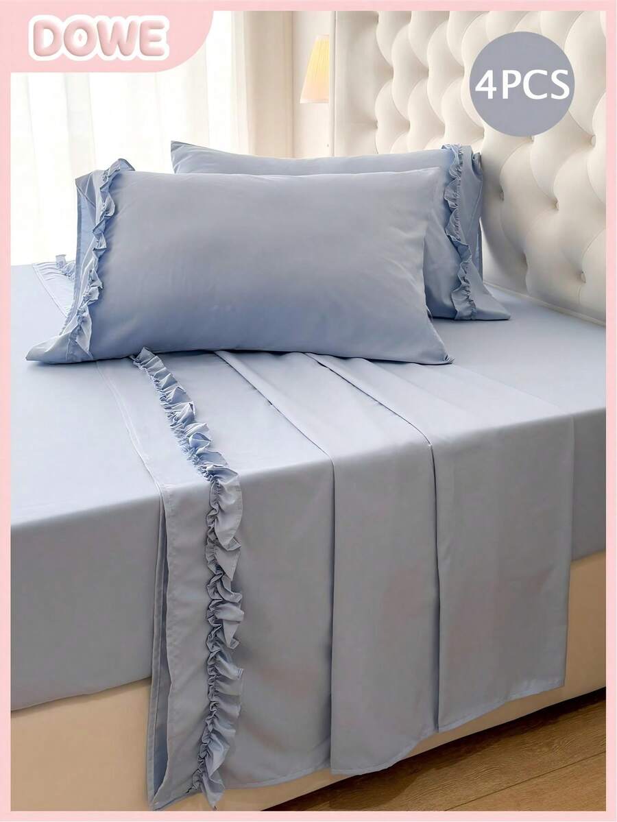 4pcs Solid Color Home Bedding Set, With Ruffle Decoration, Soft Comfortable Breathable Bedding Set, Hotel Luxury Home Summer Bed Sheets, Suitable For Double/Single/Large/Medium/Small Sizes, Includes 2 Pillowcases, 1 Flat Sheet And 1 Fitted Sheet, Home Decor, Ideal Gift, Suitable For Home Bedding And Dorm Essentials - Dusty Blue - View 1