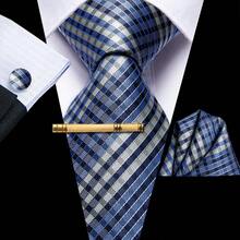 Haze Blue Plaid & Stripe Men Tie Pocket Square Cufflinks Tie Clip 4Pcs Set, Random Cufflink Pattern, Elegant Accessories For Wedding, Holiday & Party - Dusty Blue - View 2
