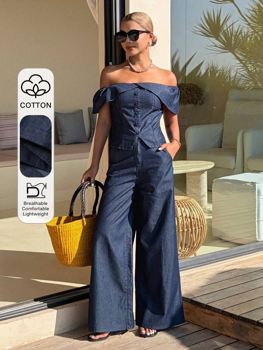 Conjunto de verano casual de camisa vaquera con hombros descubiertos y jeans rectos y sueltos para mujer - Azul lavado oscuro - Ver 1