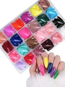 576pcs 24 Colors Medium Almond Shape Press-On Nails, 12 Sizes Full Coverage Acrylic Fake Nails, Glossy Solid Color Pointed Nails, Suitable For DIY Manicure, Home And Nail Salon - Multicolor - View 3