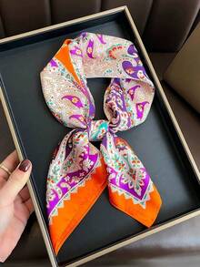 1PC Imitation Silk Paisley Print 70cm Small Square Scarf New Bandana Women's Versatile Multi-Functional Belt Bag Accessory Streamer Headscarf Headwear Scarf Fashion Silk Scarf - Orange - View 5