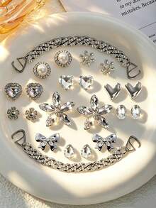 24pcs Luxury Rhinestone Flower Pearl Chain Clog Shoe Charms, Silver Removable DIY Decorative Alloy High-End Clog Accessories Suitable For Clogs - Light Grey - View 5