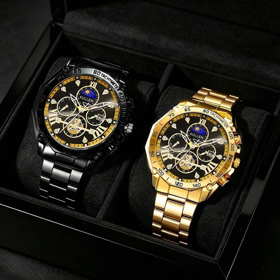 2pcs Fashionable And Versatile Men's Quartz Watch, Round Dial, Alloy Steel Strip, Paired With Crown Bead Bracelet Set, The Best Gift For Men, Suitable For Holiday Gifts And Daily Wear - Multicolor - View 1