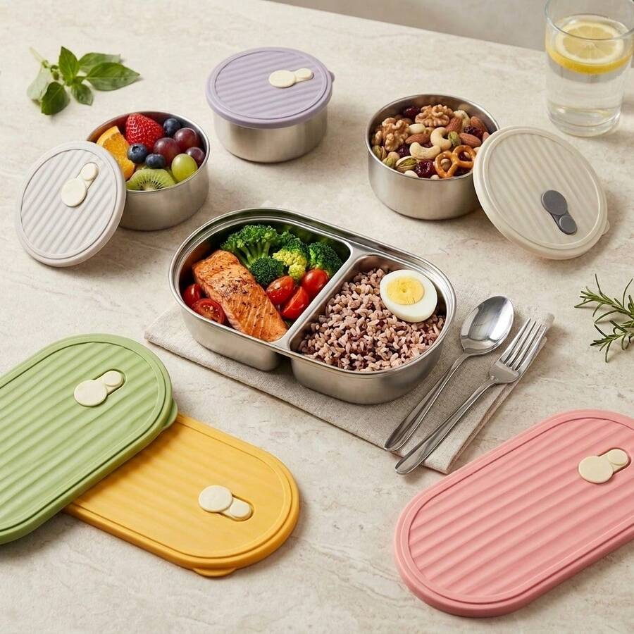 Portable 304 Stainless Steel Lunch Box With Lid, Divided Fruit Salad Food Storage Container, Leak Proof Bento Box, Dishwasher & Microwave Allowable, Suitable For Student Adult Use In School, Office, Outdoor Camping, Picnic,Travel, Back To School - Multicolor - View 1