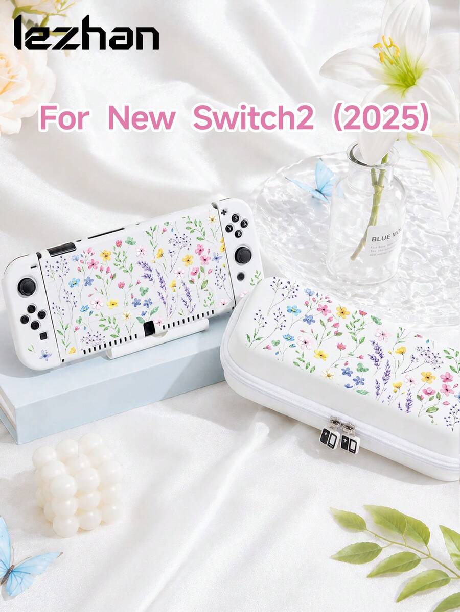 1pc Daisy Cute Floral Pattern Protective Case, Compatible With New Switch 2 (2025), Switch NS/Switch OLED, Suitable For Switch 2 Game Console Accessories, Full Set, Storage Bag, Card Slot Dock Shell, Switch Protective Case, Romantic Gift For Switch Players - Multicolor - View 1
