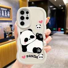 Cute Fashionable Macaron Cartoon Panda Painted Pattern Wavy Phone Case, Minimalist Style, Suitable For Galaxy S22/23/24/S25/A04/05/06/A07/A17/A14/A15/A16/A24/A25/A34, Note 7/8/9/10/11/12/13/14, 9/10/12/13C/14C/A5, Honor X, HW, C53 C55. Compatible With IPhone17/16/11/13/15Plus/15Pro/15ProMax/12/14ProMax/11ProMax/12Pro/12ProMax/13Pro/13ProMax/14Pro/14Plus/Honor X7B 4G - White - View 3