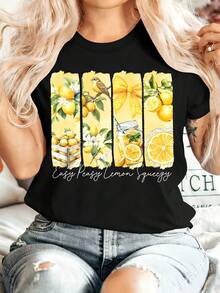 [Serie Animal] Ropa de Verano para Mujer, Estampado de Limones en Acuarela, Camiseta de Manga Corta con Cuello Redondo, Cómoda, Suave, Elegante, Versátil, para Fiestas, Estilo Retro, Casual, - Negro - Ver 2