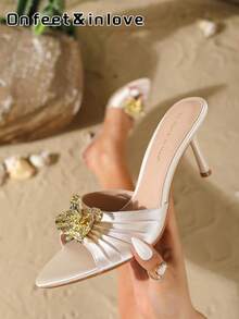 On feet& in love Women's Fashion Elegant Satin Pleated Metal Floral Decor Versatile Open Toe Slip-On Outdoor Wear Sandals High Heel Sandals Suitable For Matching With Dresses - Apricot - View 1