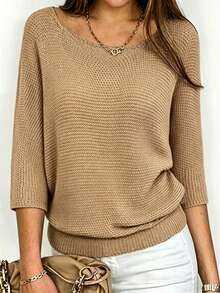 Plus Size Solid Color Casual Round Neck 3/4 Sleeve Knit Top - Khaki - View 6