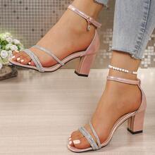 Women's Rhinestone Decor Round Toe Open Toe High Heel Sandals Summer Sexy One-Strap Ankle Pearl Lace-Up Party Wedding High Heels - Pink - View 5