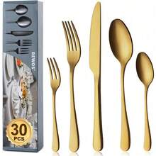 Dieses 30-teilige Edelstahl-Besteckset ist für 6 Personen geeignet und beinhaltet Messer, Gabel und Löffel. Es ist spülmaschinenfest, hochglanzpoliert und ideal für Camping, Picknicks, Büros, Schulen, Restaurants, die heimische Küche und viele weitere Anlässe. - Gold - Übersicht 6