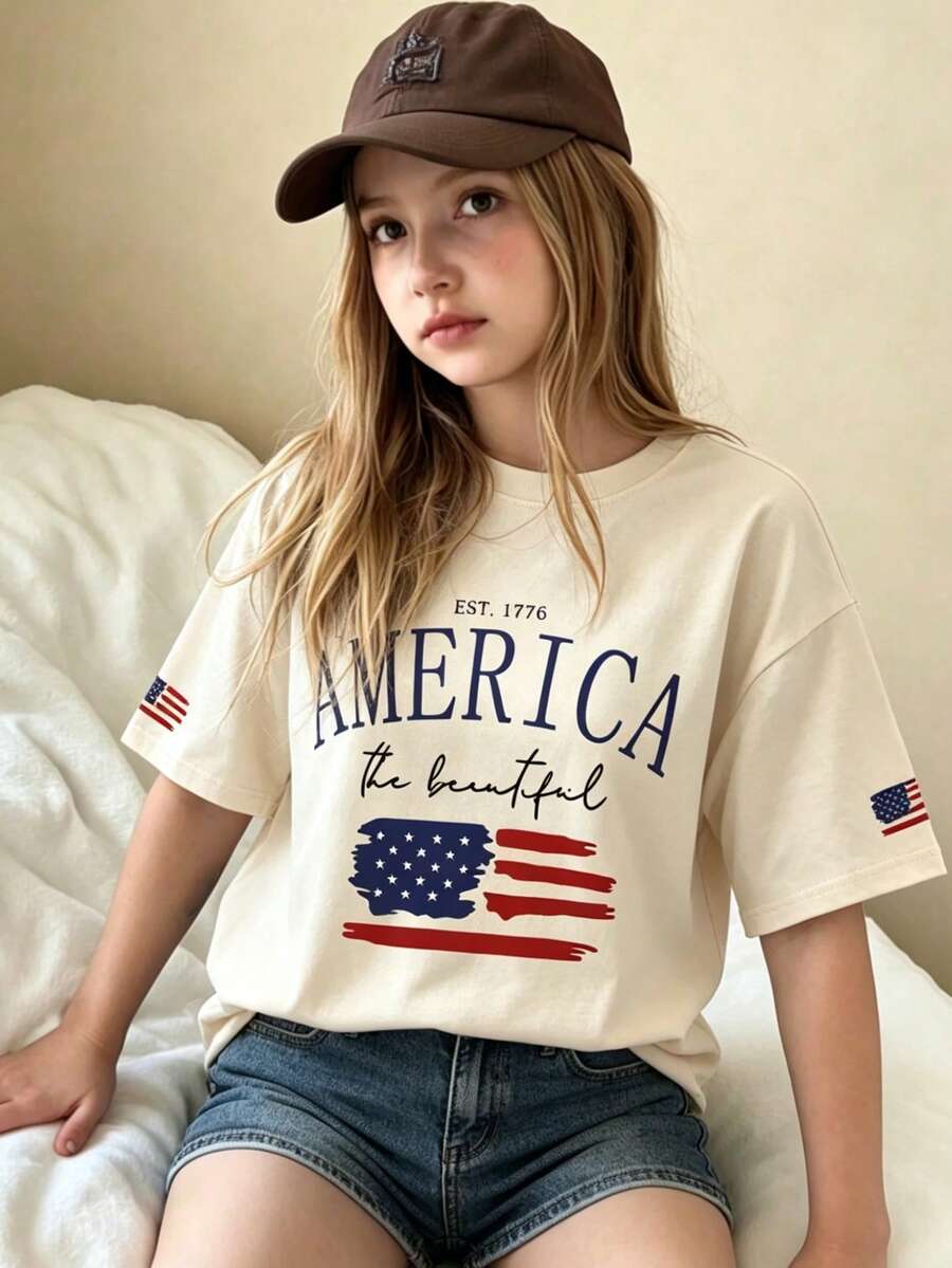 Tween女孩1件印花短袖T恤,休閒圓領夏季上衣,適合日常校服、購物與玩耍,青少年學生童裝,Tween女孩夏季上衣 - 杏色 - 查看 1