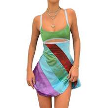 Vestido acampanado informal con tirantes para mujer, Vestido corto calado con cuello en U y contraste de Color a la moda, novedad de 2024 - verde - Ver 7