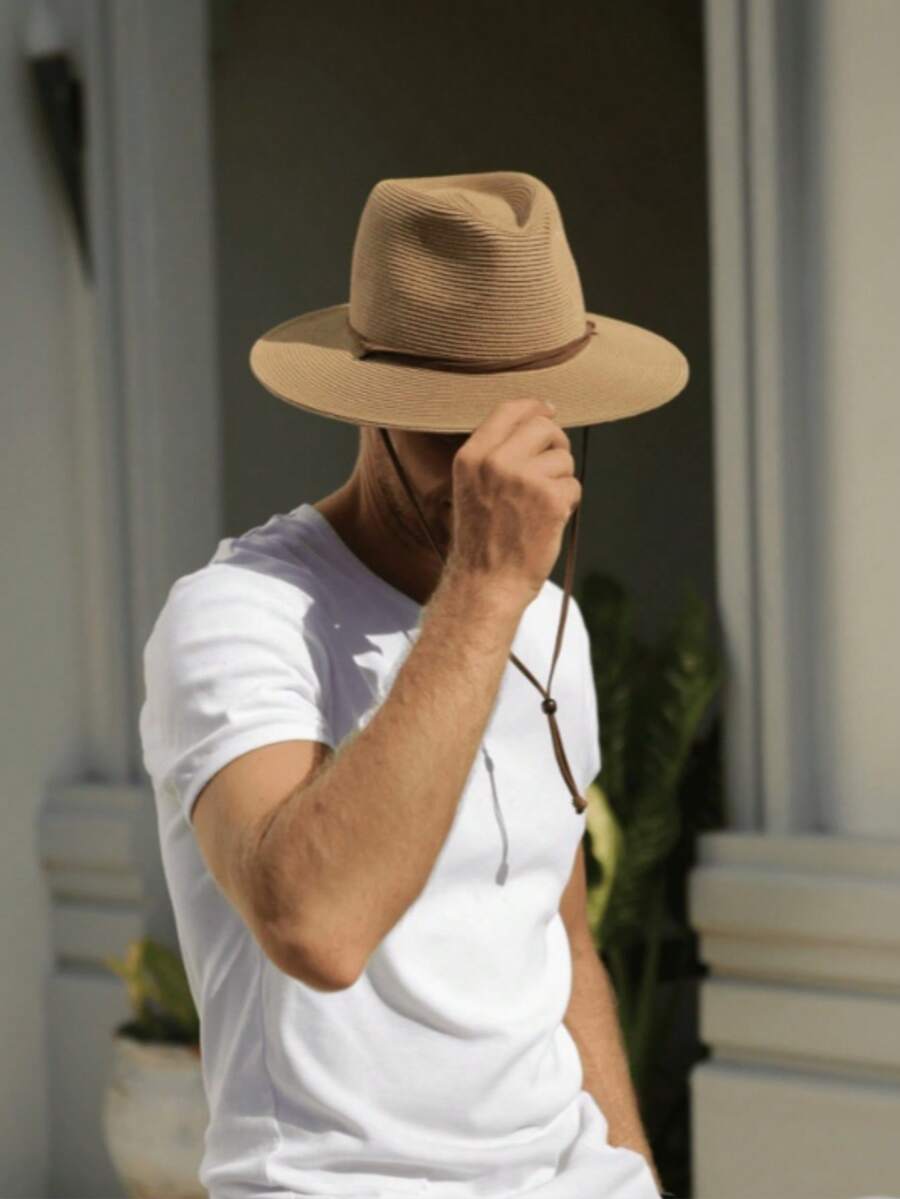 Men's Summer Straw Sun Hat Wide Brim Panama Straw Hat Beach Hat With Windproof Rope - Straw Hat - View 1