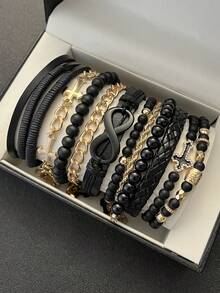 12 pièces/set Bracelet en PU décontracté rétro avec perles pour hommes, convient pour un usage quotidien, extérieur, sportif, cadeau de mode pour petit ami - Multicolore - Voir 7
