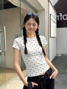 波點女款圓領修身短袖T恤，夏季修飾身形美式風格百搭辣妹上衣，休閒款 - 波點-白色 - 查看 1