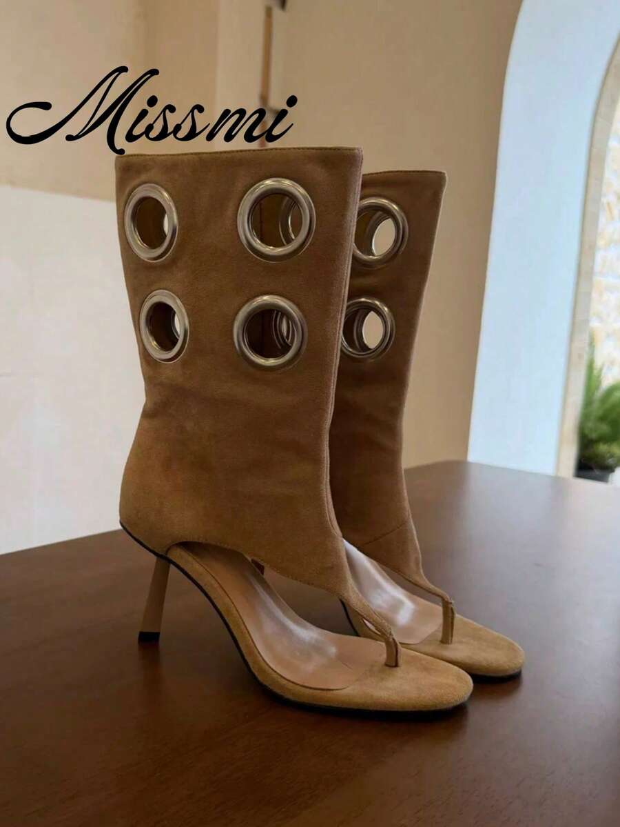 Sepatu Bot Setinggi Paha Berkerut Baru 2026, Sepatu Bot Berkuda Tinggi Vintage Ujung Lancip, Sandal Jepit