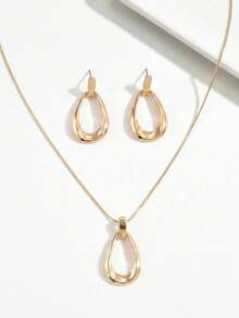 2pcs/Set Autumn/Winter Elegant Minimalist Necklace + Stud Earrings Women's Jewelry Set, Fashion Geometric Hollow Circle & Water Drop Pendant, Flat Snake Chain & Round Snake Chain Double Layer Design Clavicle Chain, Daily Casual, Party, Holiday Versatile Accessory - Yellow Gold - View 4