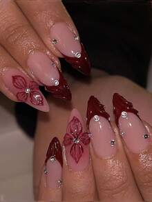 24pcs Y2K Style Red Rhinestone Flower Press-On Nails, Fashionable Artificial Nails, Suitable For Women's Daily Wear, Holiday Parties And Decoration - Multicolor - View 1