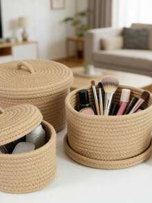 1pc/2pcs Handmade Woven Storage Basket, Home Decor Woven Basket, Suitable For Desk, Bedroom, Living Room, Bathroom, Study And Nightstand. Perfect For Storing Remote Controls, Cosmetics, Toys And Bathroom Essentials. Seaside Straw Rattan Woven Storage Basket - Multicolor - View 3