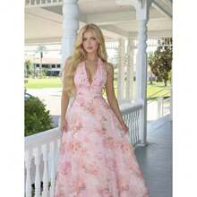 Halter Dress, V-Neck, Printed, Open Back, New - Pink - View 7