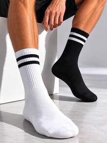 1/3/6 Pairs Black And White Striped Sports Socks, Soccer Socks, Basketball Socks, Running Socks, Unisex - Multicolor - View 1