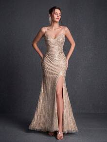 Đầm dạ hội không dây vai màu trơn đính sequin dành cho nữ, thích hợp cho đám cưới hoặc tiệc tùng. - Rượu sâm banh - Xem 10