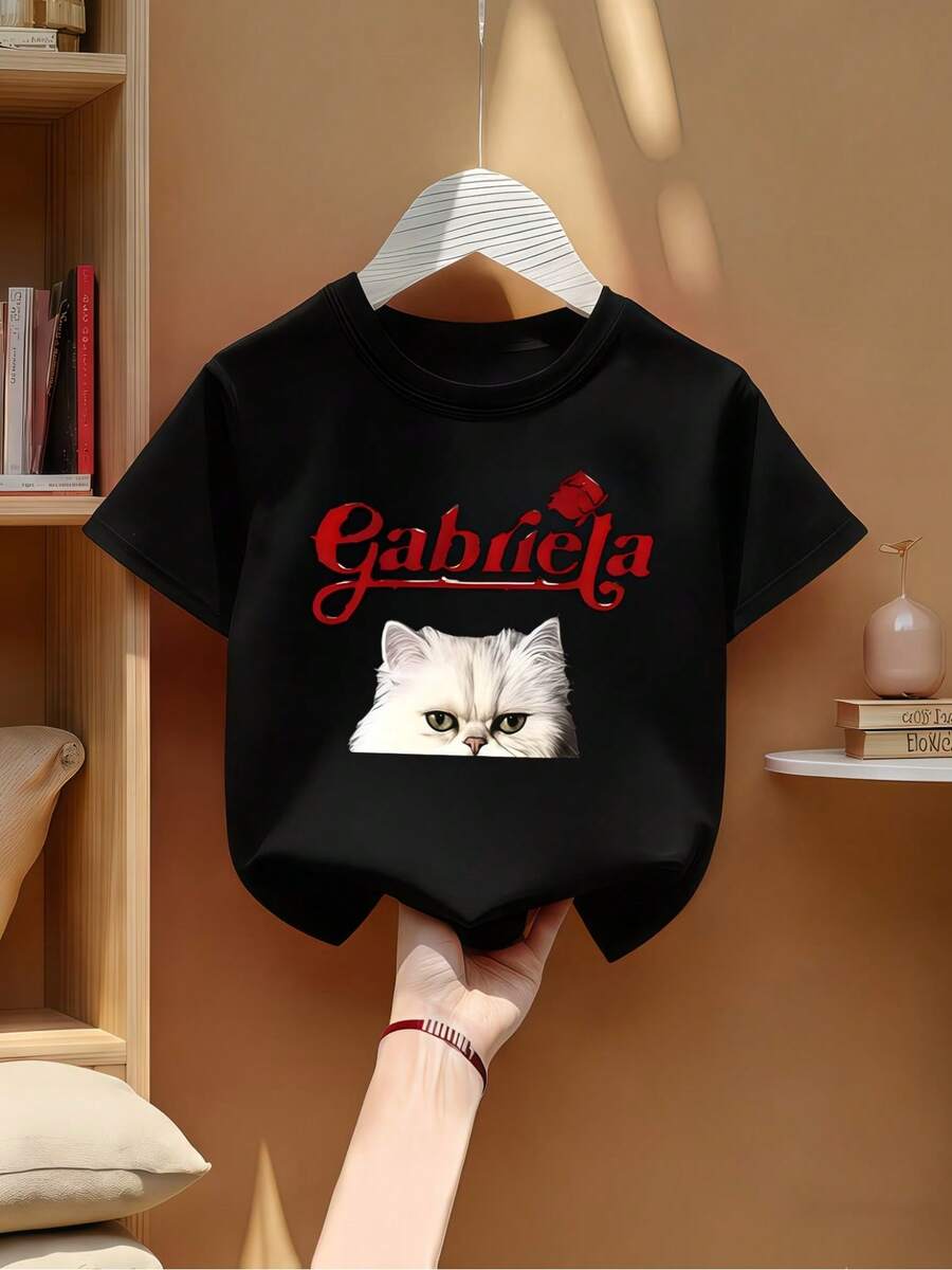 Tween Boys'&Girls' Casual Round Neck Short Sleeve T-Shirt New Girls' Round Neck Top, Directional Clothing - Personalized Print Design Boys And Girls Short-Sleeved T-Shirt Gabriela Print Full of Summer Casual Holiday Gift,Pullover Round Neck Short Sleeve T-Sleeve, Graphic Tees Kids Clothes,Soft Stretchy, Comfortable Back To School Outfit,Wearing Beautiful, - Svart - Visa 1