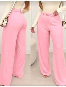 Premium Tailored Wide Leg Pants With Covered Belt  2026 - 淺粉色 - 查看 1