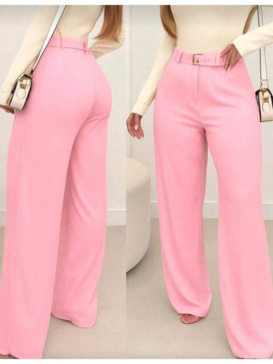 Premium Tailored Wide Leg Pants With Covered Belt 2026 - 淺粉色 - 查看 1