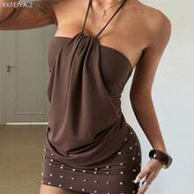 Soqi Women's Clothing Petite Vestido corto sin mangas con decoración de metal color café para mujer - Cafetería - Ver 4