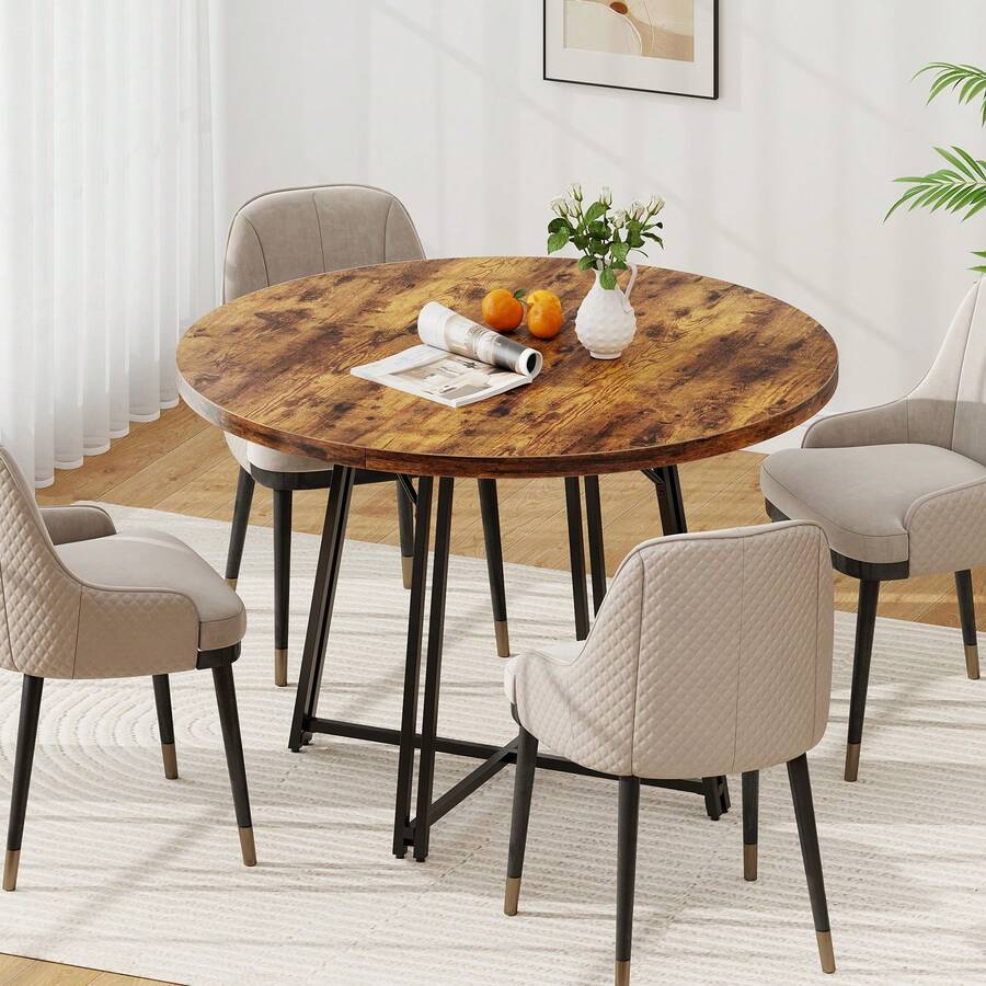 118 Cm Round Kitchen Table 4-6 People Dining Table With 8 Metal Supporting Legs Cross Base Mid Century Modern Diner Table - Brown - View 1