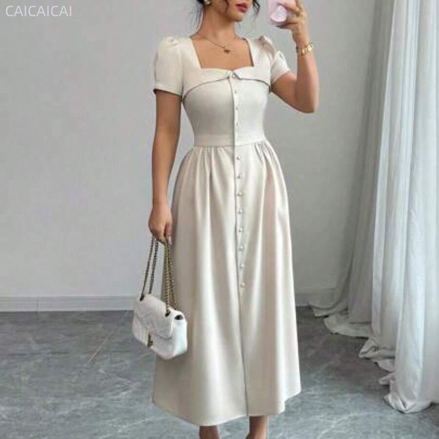 yonghongmaoyi1  Vestido de manga larga de primavera/verano con corte evasé, abertura en la falda, botones y cuello sin cuello con volantes, elegante para el trabajo - Albaricoque - Ver 1