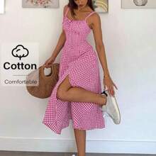 yonghongmaoyi1  Vestido a media pantorrilla con tirantes a cuadros para mujeres, de moda y apropiado para el verano - Rosa - Ver 1