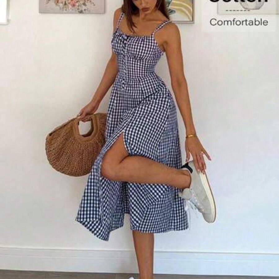 yonghongmaoyi1 Vestido a media pantorrilla con tirantes a cuadros para mujeres, de moda y apropiado para el verano - Azul marino - Ver 1