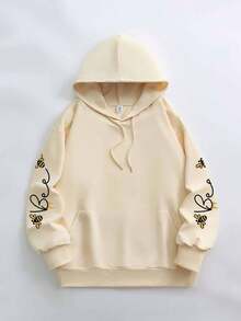 Women's Plus Size Thin Hooded Sweatshirt Long Sleeve Little Bee Letter Print Casual Plus Size Fashion Hooded Sweatshirt, Comfortable Women's Autumn/Winter Daily Wear Clothing - Apricot - View 2