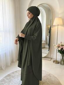 紋理縮褶彈性袖口 Khimar Abaya 兩件套，寬鬆大袖端莊 長洋裝，穆斯林女性休閒伊斯蘭禮拜服飾 - 彩色 - 查看 15