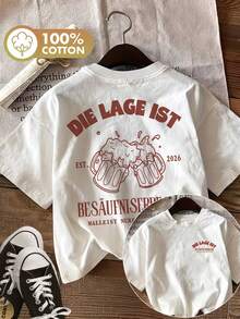 100% Cotton Summer T-Shirt, Double-Sided Print, Short Sleeve, Crew Neck, With 'Die Lage Ist' Beer Print, Regular Fit And Slight Stretch For Comfort - White - View 1