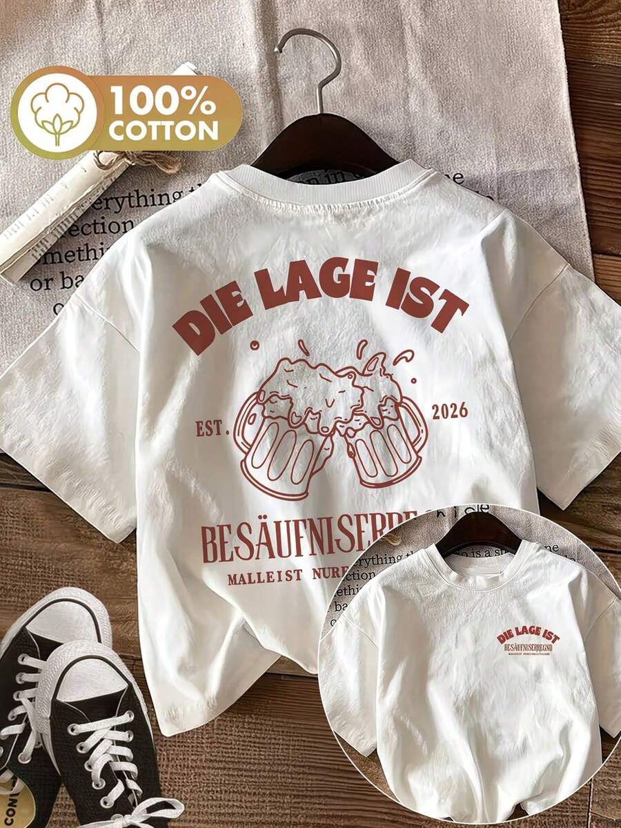 100% Cotton Summer T-Shirt, Double-Sided Print, Short Sleeve, Crew Neck, With 'Die Lage Ist' Beer Print, Regular Fit And Slight Stretch For Comfort - White - View 1