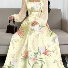 jianchaimaoyi02  Vestido de manga farol de cuello cuadrado con estampado floral diminuto, vestido largo elegante con cintura ceñida para verano y uso diario, vestido floral negro - Multicolor - Ver 10