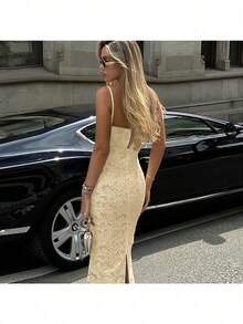 Elegante vestido largo sin tirantes para mujer con volantes y bajo asimétrico, perfecto para fiestas y ocasiones formales, tejido ligeramente elástico, corte ajustado. - Albaricoque - Ver 4