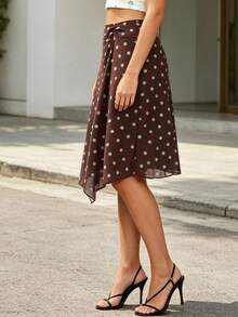 Womens Summer Midi Skirt A Line Stylish Dot Print Asymmetrical Hem Mid Rise Skirts - Marrón - Ver 4