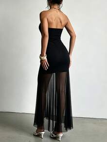 OhhNeed Women's Summer Mesh Patchwork Strapless Dress, Black Party Cocktail Dress Suitable For Valentine's Day, Date, Gathering, Party, Travel, Vacation, Graduation, New Year And Other Occasions - Black - View 3