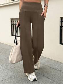 2pcs/Pack Women's Pocket Wide Leg Pants, High Waist Tummy Control Slimming, Fashionable Sporty Casual Street Style Long Pants Sports - Multicolor - View 9