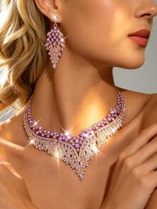 Conjunto de collar y pendientes de lujo con pedrería púrpura para mujer, conjunto de joyería nupcial de aleación de zinc con pedrería, adecuado para boda / fiesta / baile de graduación - Morado - Ver 6