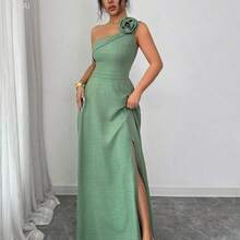 jianchaimaoyi02  Vestido de línea A con abertura, tirantes de hombro, espalda descubierta y ajustable en la cintura, con estampado floral verde. Elegante, romántico, femenino y versátil, ideal para uso casual, negocios, playa y fiestas en primavera/verano. - Verde militar - Ver 5