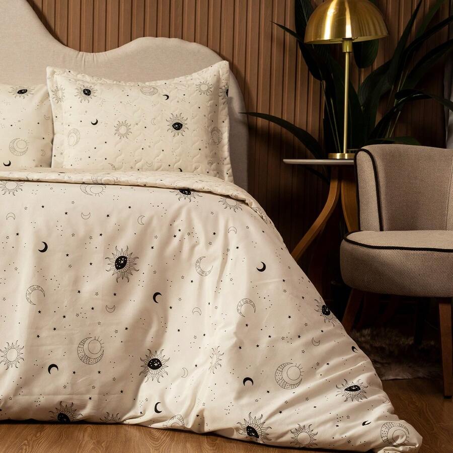 Cobre Leito Colcha Estampado 180 Fios + Portas Travesseiros - Sol e Lua - Visão 1