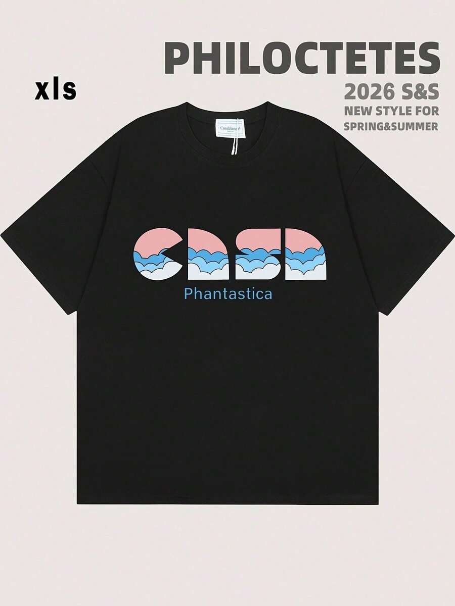 Philoctetes S&S New Style Spring Summer Short Sleeve T-Shirt - Black Crew Neck Tee With Pink And Blue Wave Arch Graphic Design,... - Black - View 1