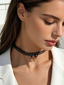 Xiacheng Juego de 1/3 piezas de gargantilla de tatuaje: collar, pulsera, anillo - Estilo de collar de los 90 mezclado con moda vintage Y2K de los 2000 - Accesorio de joyería elástico inspirado - Multicolor - Ver 1