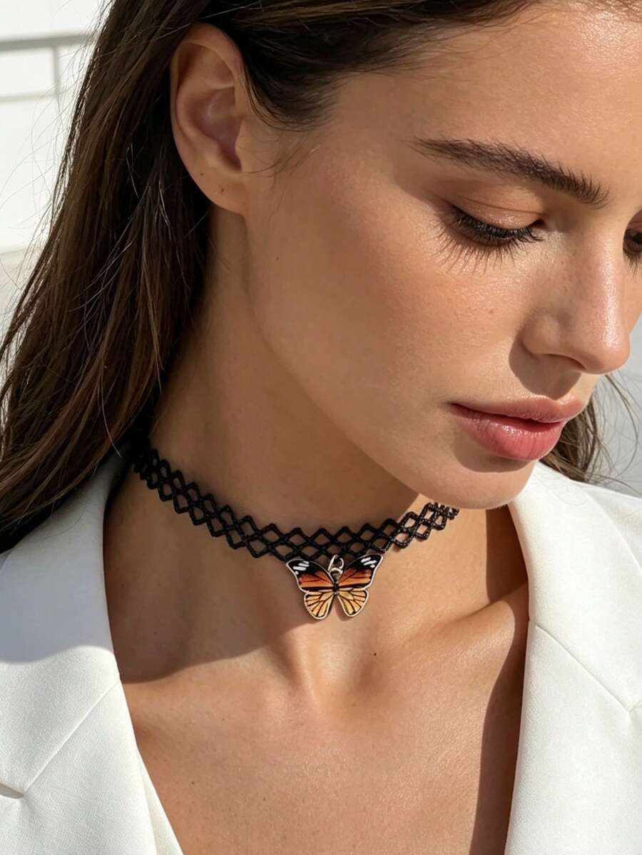Xiacheng Juego de 1/3 piezas de gargantilla de tatuaje: collar, pulsera, anillo - Estilo de collar de los 90 mezclado con moda vintage Y2K de los 2000 - Accesorio de joyería elástico inspirado - Multicolor - Ver 1